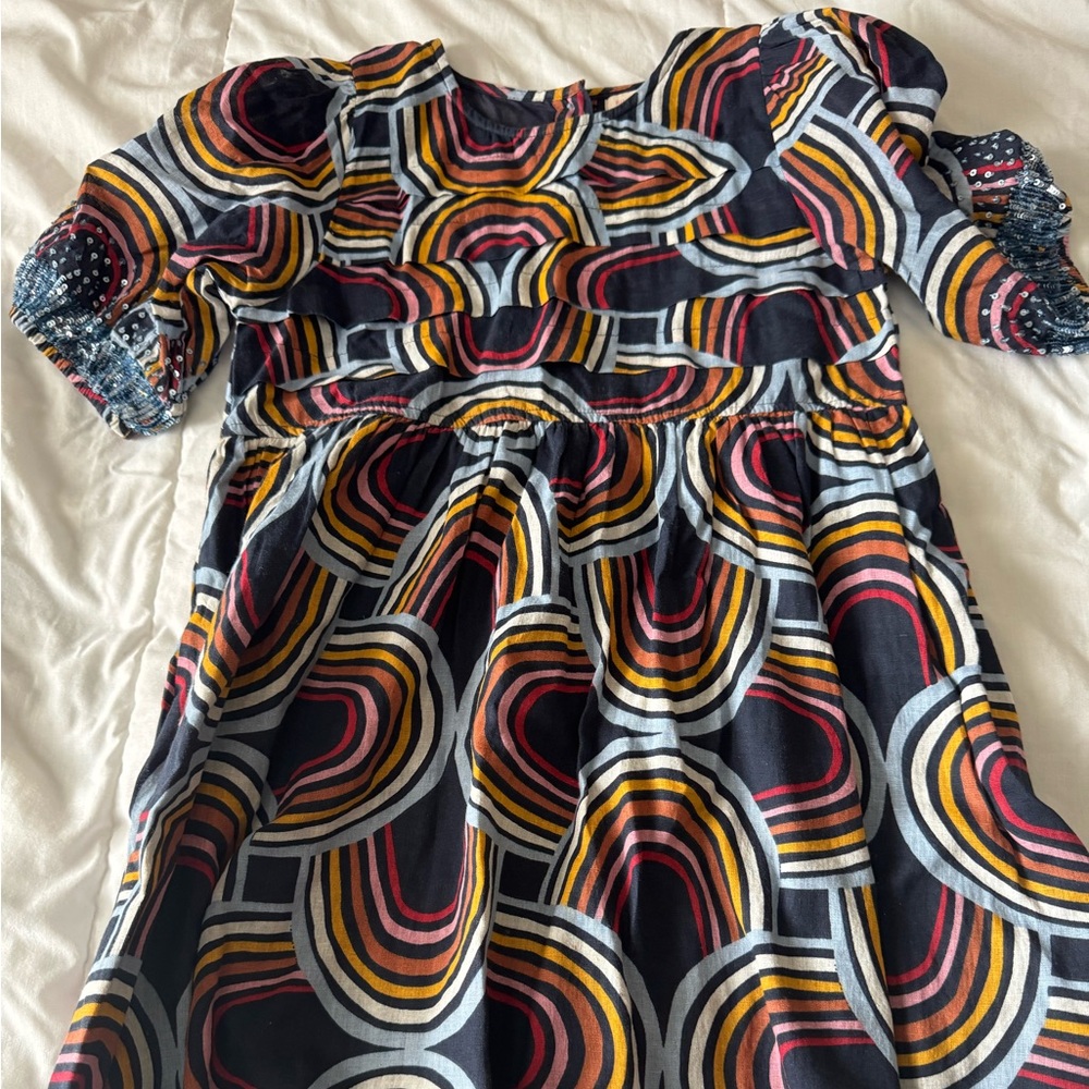 Pink Chicken Retro Graphic Puff Sleeve Dress in Navy, Mustard & Coral size 8y